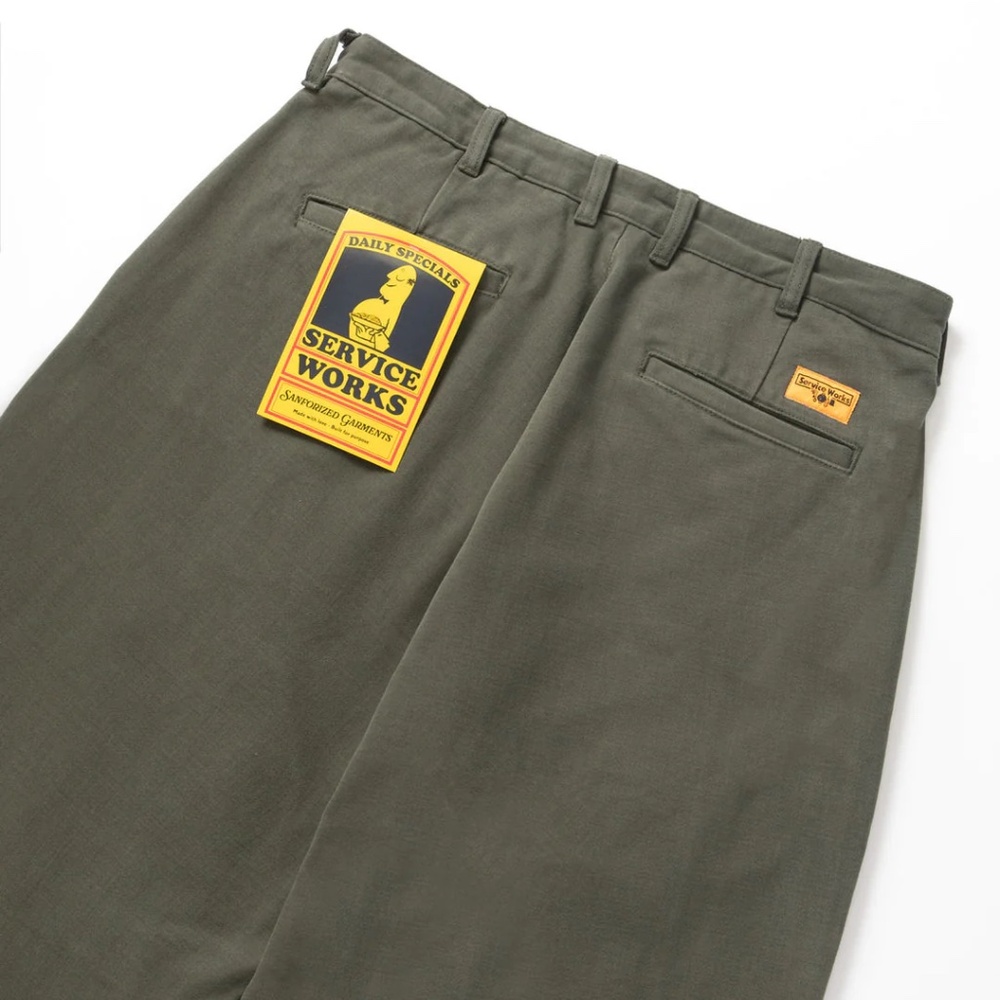 NWT SERVICE WORKS MOSS GREEN PLEATED MOLESKIN PART TIMER PANT Size: Large 34